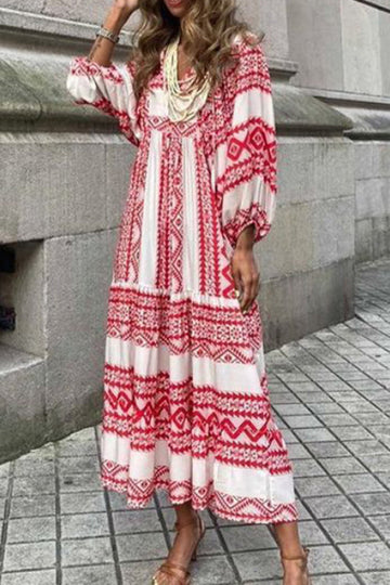 Vinröd tryckt Boho puffärm lös lång klänning